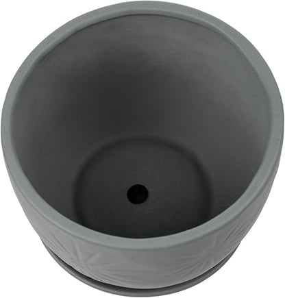 MyGift 7 Inch Grey Ceramic Plant Pot with Drainage Hole and Attached Saucer, Modern Decorative Embossed Sunburst Planter Container for Indoor Home Garden