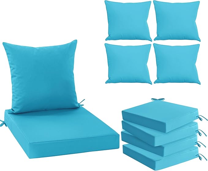 Waterproof Outdoor Cushions for Patio Furniture, Fade Resistant Backrest and Deep Seat Cushion Set with Removable Cover, 24 x 24 Inch, Teal, Set of 4
