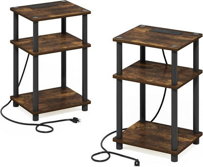 Furinno JUST Side Table Set of 2, 3-Tier Modern End Table with Charging Station, Open Shelf Night Stand, Bedside Table with USB and Type-C Port, for Living Room, Bedroom, Amber Pine