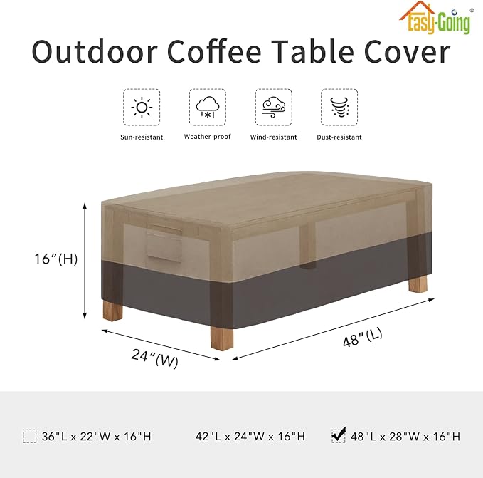 Easy-Going Patio Coffee Table Cover Small Outdoor Rectangular Table Cover, UV Resistant Waterproof Patio Furniture Cover (48" Lx28 Wx16 H, Camel/Dark Brown)