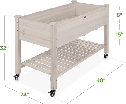 Best Choice Products Raised Garden Bed 48x24x32-inch Mobile Elevated Wood Planter w/Lockable Wheels, Storage Shelf, Protective Liner - White