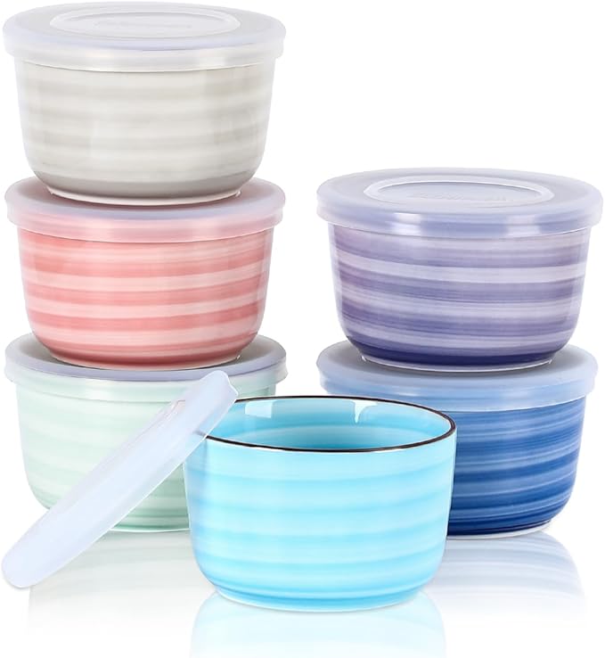 Selamica Ceramic Ramekins with Lids, 10 OZ Creme Brulee Ramekins with Covers Oven Safe, Custard Cups Small Baking Bowls for Souffle, Pudding, Onion Soup, Dips, Set of 6, Gradient Color