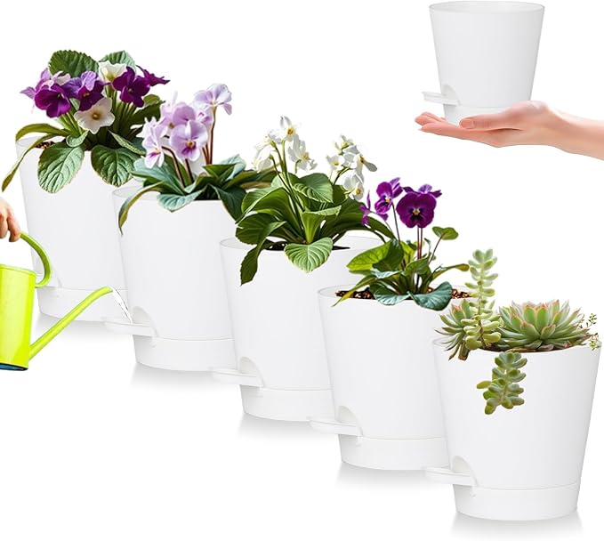 5 Pack 5 Inch African Violet Pots Self Watering, Self-Watering Planters with Drainage Holes & Reservoir, White Plastic Pots for Indoor Outdoor Plants, Succulents & Flowers