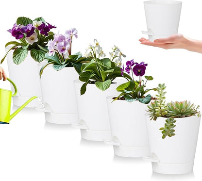 5 Pack 5 Inch African Violet Pots Self Watering, Self-Watering Planters with Drainage Holes & Reservoir, White Plastic Pots for Indoor Outdoor Plants, Succulents & Flowers
