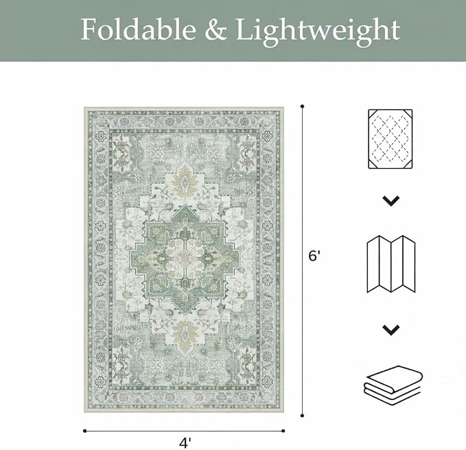 GENIMO Outdoor & Indoor Area Rug 4'x6', Waterproof, Non-Shedding, Easy Cleaning, Boho Mat for Patio, Living Room, Balcony, Dining Room, RV, Deck, Bedroom, Camping, Outside Carpet,Light Green