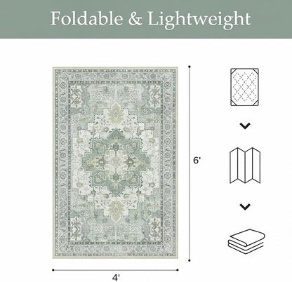 GENIMO Outdoor & Indoor Area Rug 4'x6', Waterproof, Non-Shedding, Easy Cleaning, Boho Mat for Patio, Living Room, Balcony, Dining Room, RV, Deck, Bedroom, Camping, Outside Carpet,Light Green