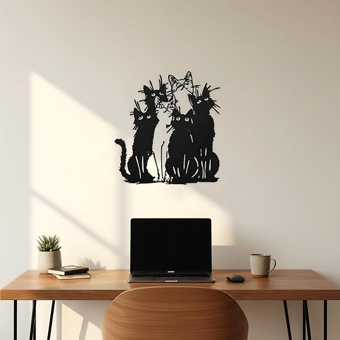 Tandefio Cat Metal Wall Art Black Cat Silhouette Wall Decor 11.42 x11.82 Metal Hanging Sign Christmas Kitten Lovers Gift for Home Indoor Outdoor Garden Office Room Decor