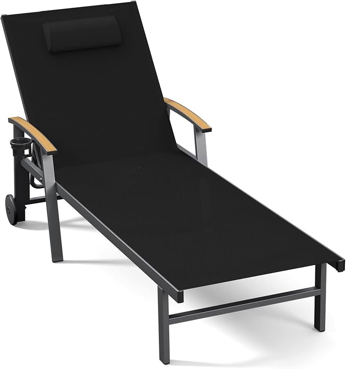 Ciokea Outdoor Lounge Chair with Pillow, 5-Position Aluminum Chaise Lounge with Wheels & Armrests, 400 lbs Heavy Duty Patio Pool Chair for Backyard, Deck, Beach & Poolside (Black)