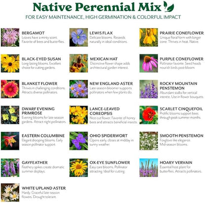Grow Your Own Vibrant Annual and Perennial Wildflower Garden Seeds Mixture, Varieties for Pollinators and Spring Gardens - Native Perennial Mix, 1 lb
