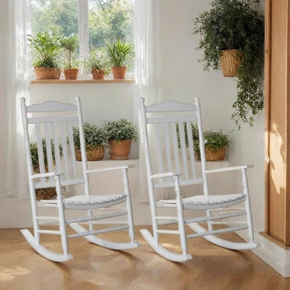 Rocking Chair Porch Rocker Set of 2 Outdoor Furniture Wooden Adult Rockers for Bistro Balcony Camping Lawn Garden Backyard Outside, White