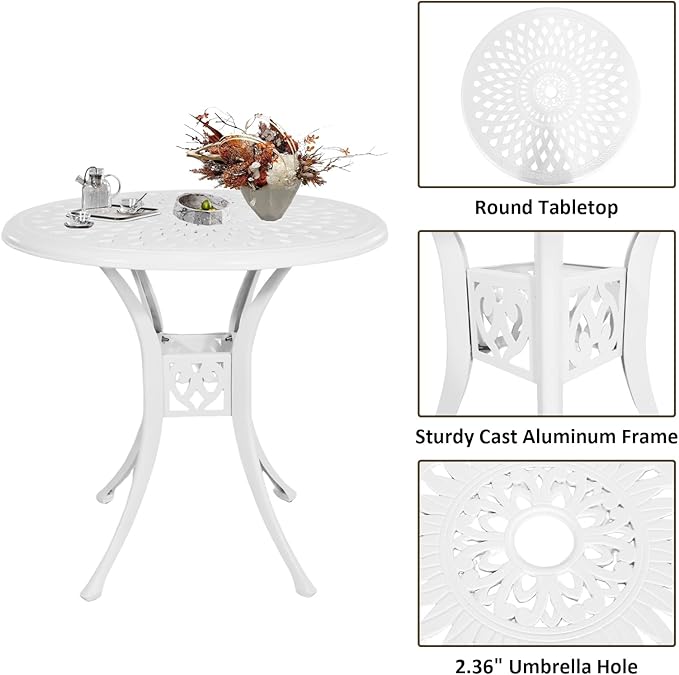 3 Piece Outdoor Dining Set,Cast Aluminum Bistro Set with Umbrella Hole, All Weather Patio Furniture Set, Small Patio Dining Set for Garden/Balcony/Deck, White