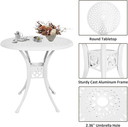 3 Piece Outdoor Dining Set,Cast Aluminum Bistro Set with Umbrella Hole, All Weather Patio Furniture Set, Small Patio Dining Set for Garden/Balcony/Deck, White
