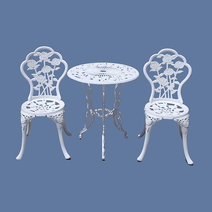 KAILI Outdoor Furniture Bistro Set with Rose Pattern 1 Table 2 Chairs for Garden Patio Porch (Rose-White)