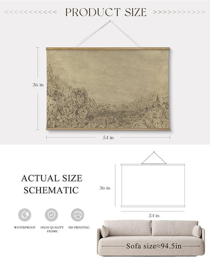 ARPEOTCY Extra Large Vintage Framed Wall Art, 36x54 Inch Sketch Valley Mountain Landscape Hanging Canvas Prints, Scroll Wall Decor for Living Room Bedroom, Retro Scenery Pictures Above of Bed