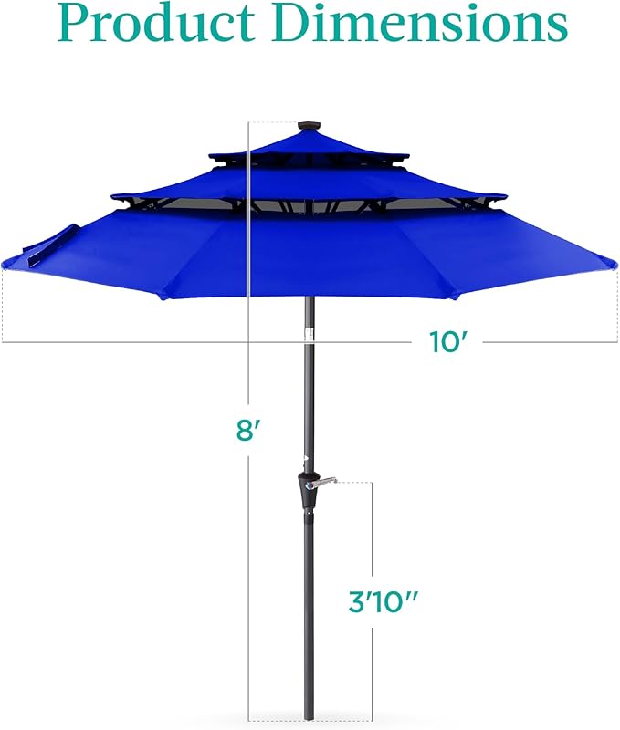 Best Choice Products 10ft 3-Tier Solar Patio Umbrella, Outdoor Market Sun Shade for Backyard, Deck, Poolside w/ 24 LED Lights, Tilt Adjustment, Easy Crank, 8 Ribs - Resort Blue