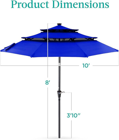 Best Choice Products 10ft 3-Tier Solar Patio Umbrella, Outdoor Market Sun Shade for Backyard, Deck, Poolside w/ 24 LED Lights, Tilt Adjustment, Easy Crank, 8 Ribs - Resort Blue