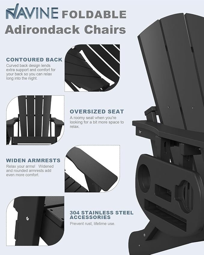 Adirondack Chair Set of 4, HDPE Folding Adirondack Chair with Multifunctional Cup Holder, Weather Resistant Fire Pit Chair for porches, patios, poolsides, Decks.