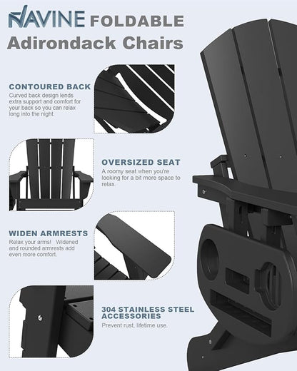 Adirondack Chair Set of 4, HDPE Folding Adirondack Chair with Multifunctional Cup Holder, Weather Resistant Fire Pit Chair for porches, patios, poolsides, Decks.