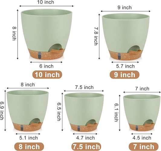 QRRICA Plant Pots 10/9/8/7.5/7 Inch Self Watering Pots, with Drainage Holes and Saucers,Water Level Indicator & Deep Reservoir,Large Plastic Planter for Indoor Out Door Plants (Green)