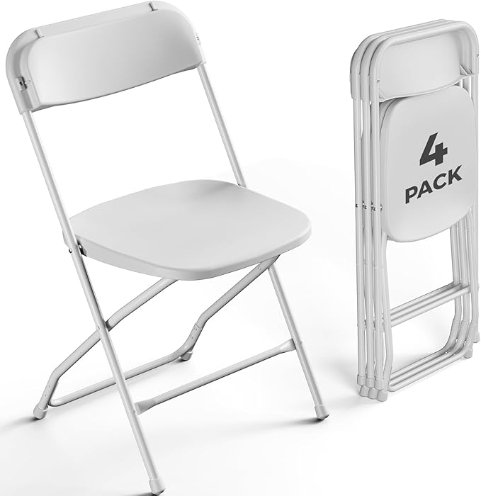 4 Pack White Plastic Folding Chairs, Outdoor Portable Folding Chair with Steel Frame, 350lbs Capacity Stackable Foldable Chairs for Patio, Garden, Picnic, Kitchen, Events