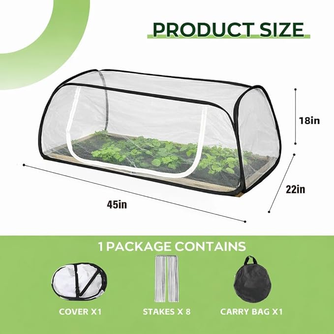 2Pack 45''x22''x18'' Pop Up Raised Garden Bed Cover -Instant Plant Protection Against Bird, Pests & Squirrel，Plant Net Cover for Raised Bed with Zipper Door for Protecting Vegetable Row