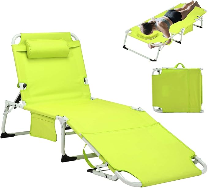 HRVEOCEI 3-in-1 Sun Tanning Chair with Face Hole,Adjustable 5-Position Folding Laying Out Chairs for Tanning,Outdoor Face Down Beach Lounger Sun Bathing Lounge Chair for Pool Deck Patio (Green)