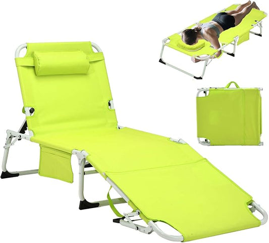 HRVEOCEI 3-in-1 Sun Tanning Chair with Face Hole,Adjustable 5-Position Folding Laying Out Chairs for Tanning,Outdoor Face Down Beach Lounger Sun Bathing Lounge Chair for Pool Deck Patio (Green)