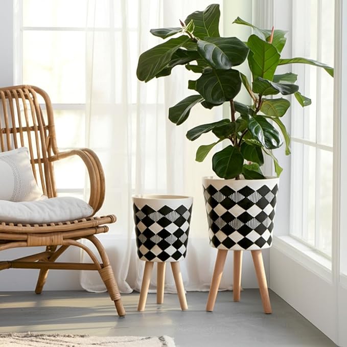Sagebrook Home Set of 2 Geometric Planters on Stands - Resin & Wood Mid-Century Modern Plant Pots for Indoor/Outdoor Home & Garden Decor - 12" & 10", Black & White G
