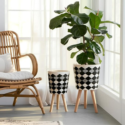 Sagebrook Home Set of 2 Geometric Planters on Stands - Resin & Wood Mid-Century Modern Plant Pots for Indoor/Outdoor Home & Garden Decor - 12" & 10", Black & White G