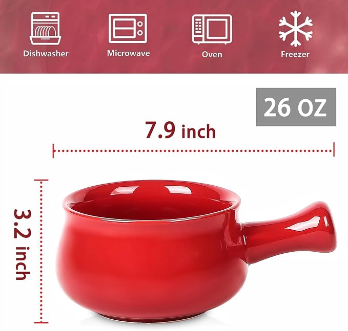 vicrays French Onion Soup Bowls With Handles, 26 Ounce for Soup, Chili, Beef Stew, Chip Resistant, Dishwasher Microwave Safe, Set of 4 (Red)