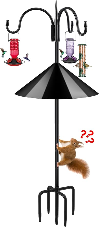 FEED GARDEN Heavy Duty Shepherds Hook Squirrel-Proof Bird Feeder Pole 92" Triple Hooks 5-Prong Base & 19" Baffle for Outdoor Feeders & Plants