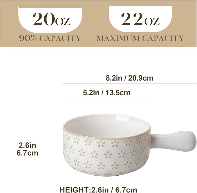 MALACASA French Onion Soup Bowls with Handles - 20 oz Oven Safe Bowls Soup Crocks for Chilli, Beef Stew, Cereal & Pasta - 5 Inch, Set of 4, Series LYDIA