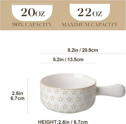 MALACASA French Onion Soup Bowls with Handles - 20 oz Oven Safe Bowls Soup Crocks for Chilli, Beef Stew, Cereal & Pasta - 5 Inch, Set of 4, Series LYDIA