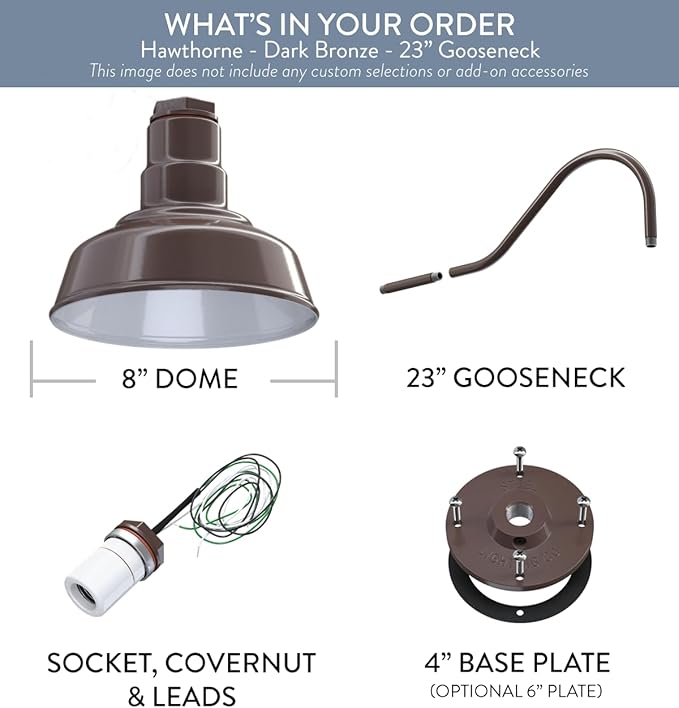 Steel Lighting Co. | Dusk to Dawn | Hawthorne Barn Light | Outdoor Wall Mounted | 8 in Dome | 23 inch Gooseneck| Small Farmhouse Light Made in America | Dark Bronze Exterior/White Interior