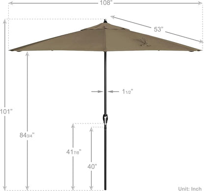 California Umbrella 9' Rd Aluminum Patio Umbrella, Crank Lift, Auto Tilt, Black Finish, Sunbrella Taupe