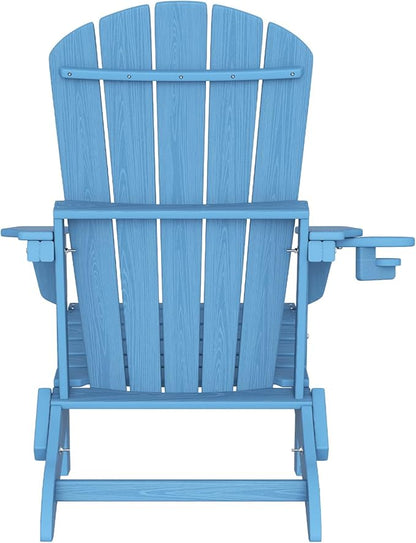 Plawdlik Folding Adirondack Chair with Cup Holder,SGS Tested,Heavy All-Weather,Wooden Textured,HDPE Outdoor Chairs for Patio Backyard Fire Pit, Light Blue