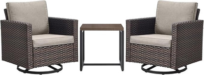 Rilyson Outdoor Patio Swivel Rocker Chairs - 3 Piece Wicker Patio Furniture Bistro Swivel Rocking Chairs Set with Comfortable Cushions,Sturdy Metal Frame and Side Table for Porch Deck(Brown/Grey)