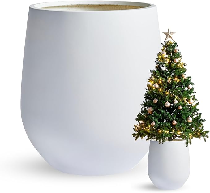 16.5" H x 15" D Corso Fiberstone Round Tapered Planter - Christmas Tree Planter, Smooth Finishes, Weather Resistant for Indoor & Outdoor Use, 2 Extra Coco Mats (White, 11.5" Pot Opening)