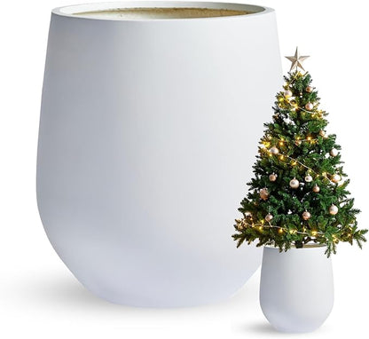 16.5" H x 15" D Corso Fiberstone Round Tapered Planter - Christmas Tree Planter, Smooth Finishes, Weather Resistant for Indoor & Outdoor Use, 2 Extra Coco Mats (White, 11.5" Pot Opening)