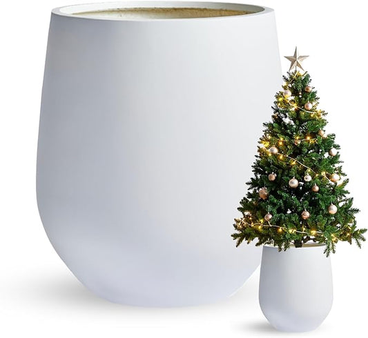 16.5" H x 15" D Corso Fiberstone Round Tapered Planter - Christmas Tree Planter, Smooth Finishes, Weather Resistant for Indoor & Outdoor Use, 2 Extra Coco Mats (White, 11.5" Pot Opening)