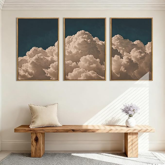 IARTTOP Extra Large Navy Blue Cloud Wall Art 24x36 Inch Framed Abstract Modern Landscape Canvas Wall Decor Minimalist Sky Painting Set of 3 for Bedroom Living Room Office