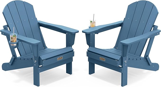SERWALL Folding Adirondack Chair with Cup Holder Set of 2, All Weather Adirondack Chairs, Wooden Textured Fire Pit Chairs for Patio Garden Outdoors Fire Pit - Blue