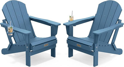 SERWALL Folding Adirondack Chair with Cup Holder Set of 2, All Weather Adirondack Chairs, Wooden Textured Fire Pit Chairs for Patio Garden Outdoors Fire Pit - Blue