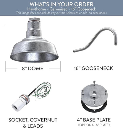 Steel Lighting Co. | Dusk to Dawn | Hawthorne Barn Light | Outdoor Wall Mounted | 8 in Dome | 16 inch Gooseneck| Small Farmhouse Light Made in America | Galvanized Exterior/Galvanized Interior