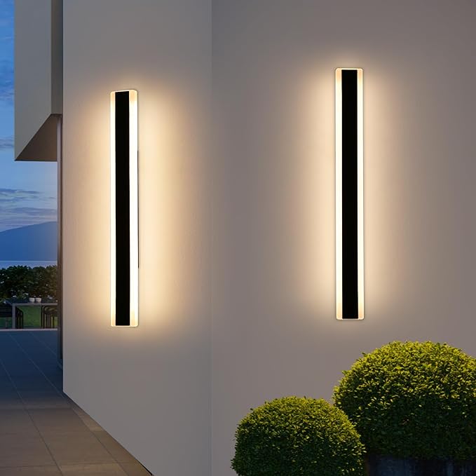 2 Pack Outdoor Wall Sconce Light, 31.4inch Modern Black Exterior Porch Light, 3 Color Lights 3000K/4500K/6000K, 31W, IP65 Waterproof Wall Mounted Lighting Fixture for Patio, Yard, Garage