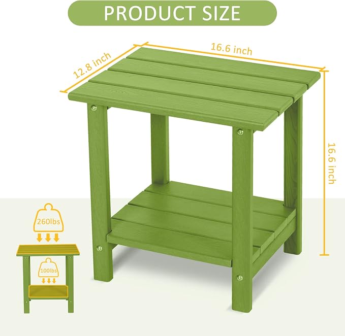 Adirondack Outdoor Side Table with Wood-Like Grain, 16.6" Small Patio End Table, 2-Tier HDPE Plastic Table for Poolside Porch Garden, Weather Resistant & Easy Assembly (Lime, Rectangle)