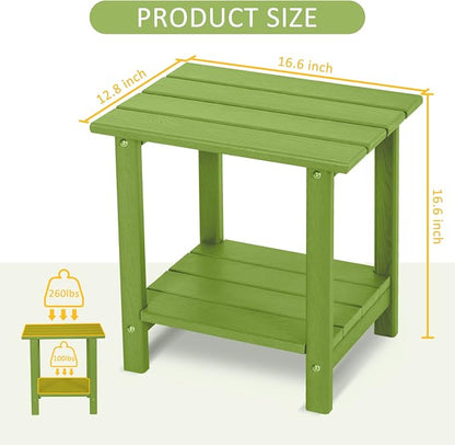 Adirondack Outdoor Side Table with Wood-Like Grain, 16.6" Small Patio End Table, 2-Tier HDPE Plastic Table for Poolside Porch Garden, Weather Resistant & Easy Assembly (Lime, Rectangle)