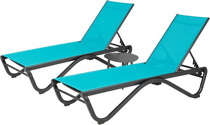 Kozyard Outdoor Chaise Lounge Chair, All Aluminum Frame, Fully Flat Adjustable Reclining Patio Lounger for Poolside, Sunbathing & Backyard, Textilene (Aqua, 2Chairs + Table)