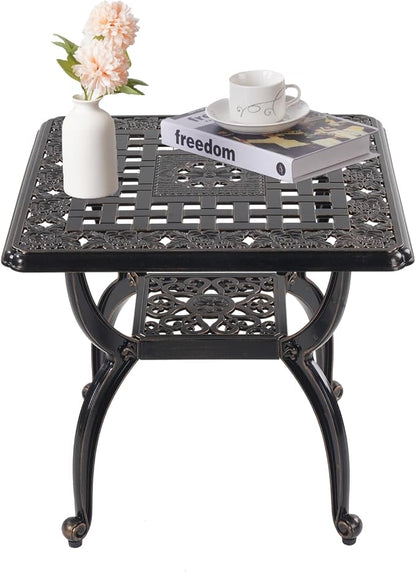 Cast Aluminum Outdoor Side Table,Small Patio Table,Outdoor Coffee Tables for Patio,Garden,Balcony, for All Weather (Copper, Square)
