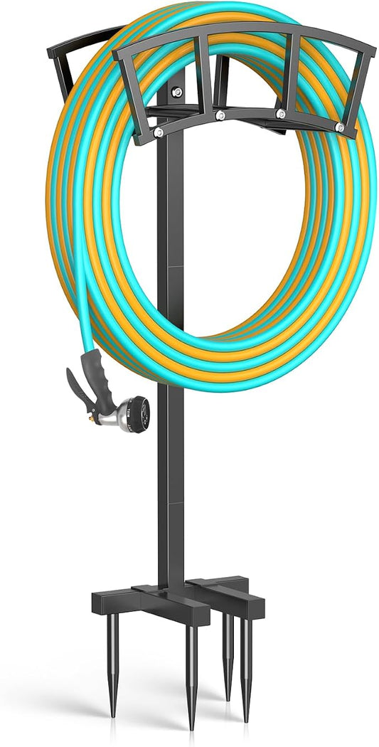 OLV Garden Hose Holder 4 Spikes, Heavy Duty Freestanding Water Hose Holder Stand Holds 150-ft Hoses, Detachable Outdoor Metal Storage Hanger Organizer Rack for Outside Yard Lawn Farm